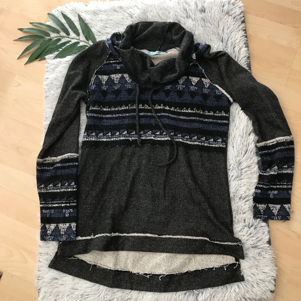 Maurice Blue Marled Cowl Neck Tribal Print Sweater Size Medium